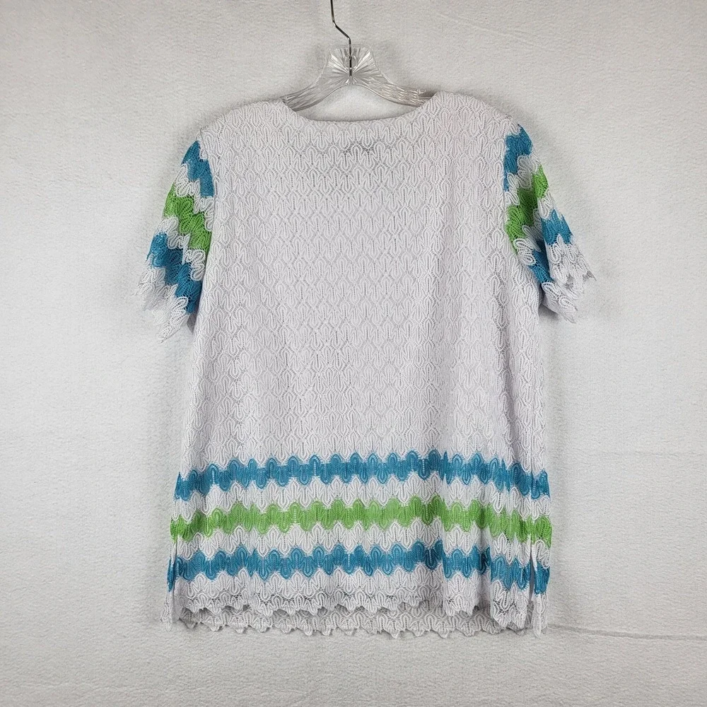 Alfred Dunner Womens Large‎ Lace Top Blue Green White Chevron Short Sleeve - Picture 3 of 5